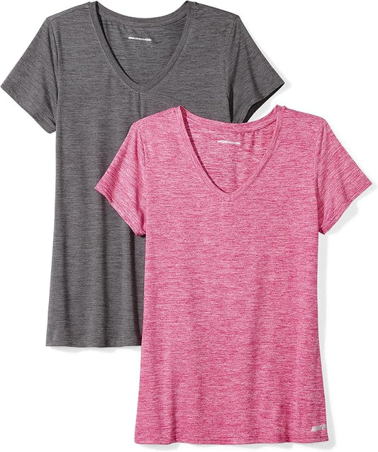 Amazon Essentials Women's Active Quick Dry Tech Stretch Short-Sleeve V-Neck T-Shirt (Available in Plus Size), Pack of 2 by AmazonEssentials