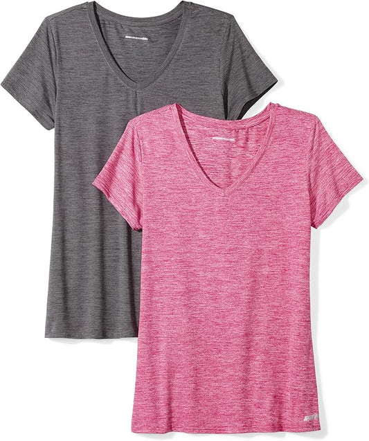Amazon Essentials Women's Active Quick Dry Tech Stretch Short-Sleeve V-Neck T-Shirt (Available in Plus Size), Pack of 2 by AmazonEssentials