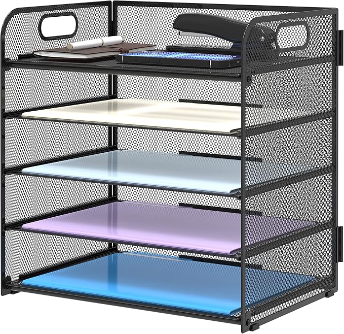 Supeasy 5 Trays Paper Organizer Letter Tray with Handle-Mesh Desk File Holders, Paper Sorter Desk Organizer for Office, Home, Classroom or School by SUPEASY