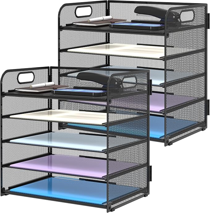 Supeasy 2 Pack 5-Tier Desk Organizer with Handle Mesh Desk File/Paper Organizer Letter Tray for Office, School, Classroom and Home Easy Installation, Black by SUPEASY