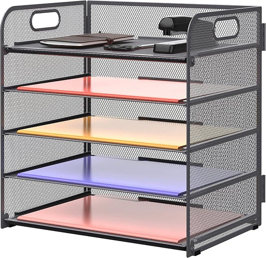 Supeasy 5 Trays Paper Organizer Letter Tray with Handle-Mesh Desk File Organizer, Grey Paper Sorter Desk Organizer for Office, Home or School by SUPEASY