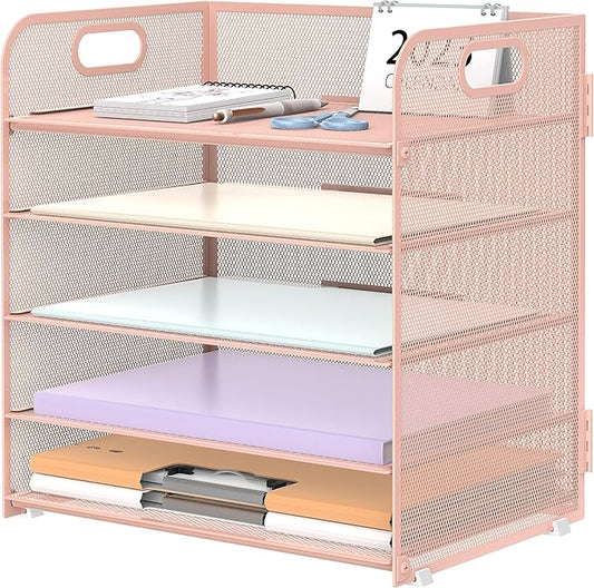 Supeasy 5 Trays Paper Organizer Letter Tray with Handle-Mesh Desk File Holders, Paper Sorter Desk Organizer for Office, Home, Classroom or School, Pink by SUPEASY