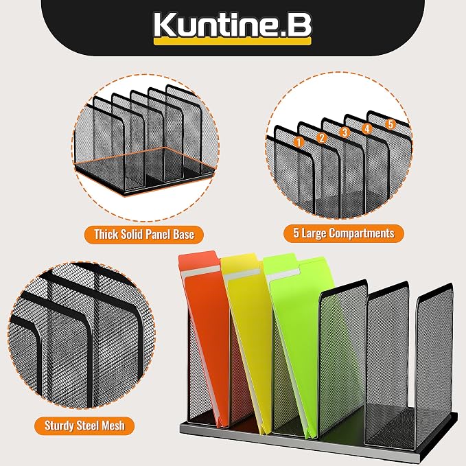 Kuntine.B Desk File Organizer Upright Mesh Desktop Organizer File Sorter Office Organization File Holder for Home, Office & Classroom (Black, 1 Pack 5-Section) - Image 6